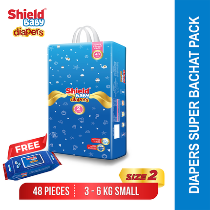 Super Bachat Pack Size 2 Small (3-6Kg) 48 Count with FREE WIPES