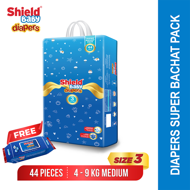 Super Bachat Pack Size 3 Medium (4-9Kg) 44 Count with FREE WIPES