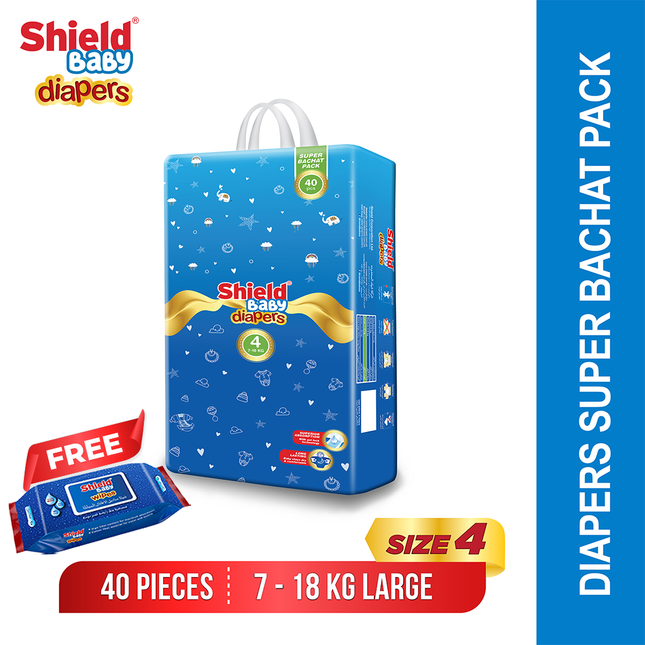 Super Bachat Pack Size 4 Large (7-18Kg) 40 Count with FREE WIPES