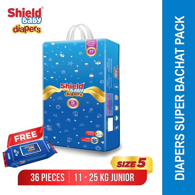 Super Bachat Pack Size 5 Junior (11-25Kg) 36 Count with FREE WIPES