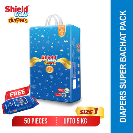 Super Bachat Pack Size New Born (Upto 5 KG) 50 Count with FREE WIPES